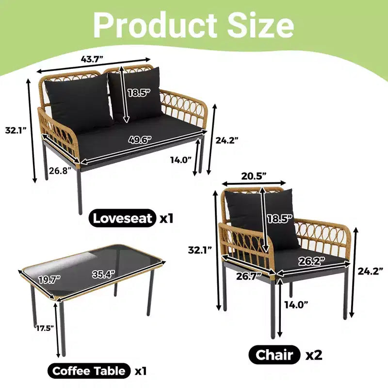 Set da bistrò da patio in vimini da 4 pezzi con tavolino con piano in vetro e sedie moderne in rattan, per appartamento, cortile, portico, balcone, prato