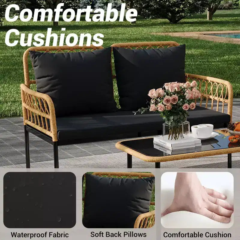 Set da bistrò da patio in vimini da 4 pezzi con tavolino con piano in vetro e sedie moderne in rattan, per appartamento, cortile, portico, balcone, prato