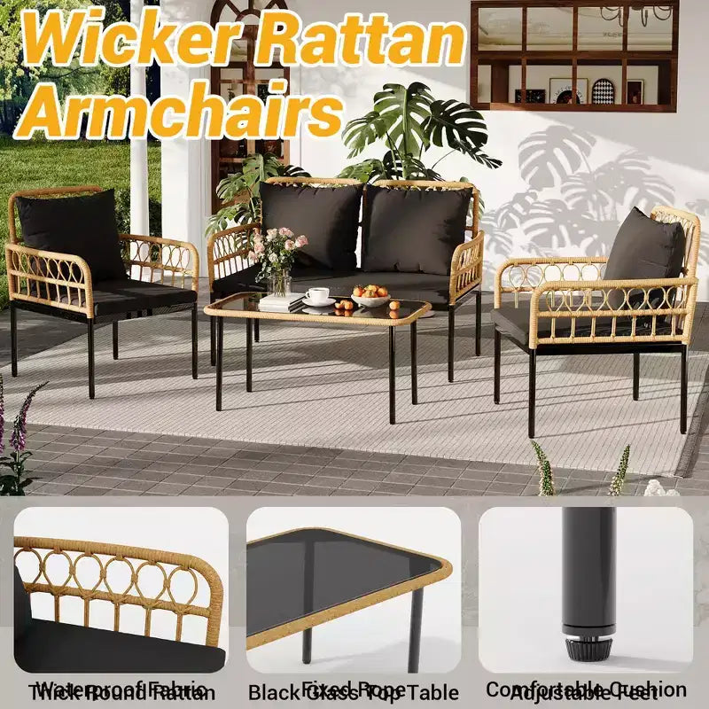 Set da bistrò da patio in vimini da 4 pezzi con tavolino con piano in vetro e sedie moderne in rattan, per appartamento, cortile, portico, balcone, prato