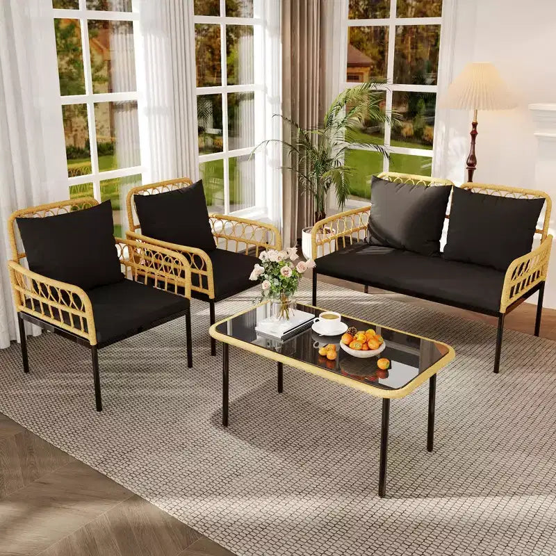 Set da bistrò da patio in vimini da 4 pezzi con tavolino con piano in vetro e sedie moderne in rattan, per appartamento, cortile, portico, balcone, prato