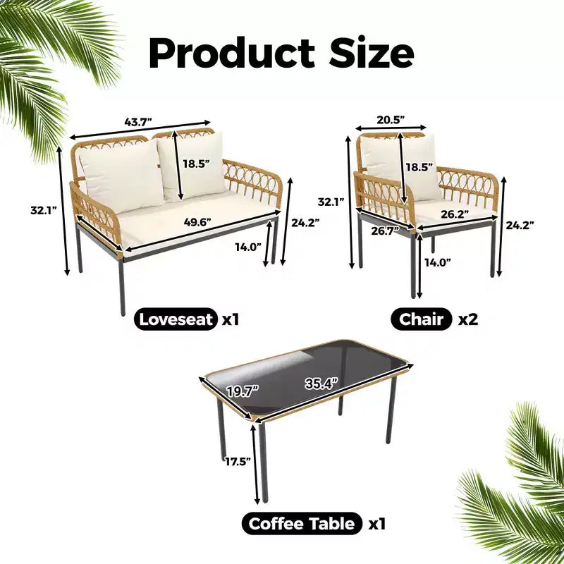 Set da bistrò da patio in vimini da 4 pezzi con tavolino con piano in vetro e sedie moderne in rattan, per appartamento, cortile, portico, balcone, prato