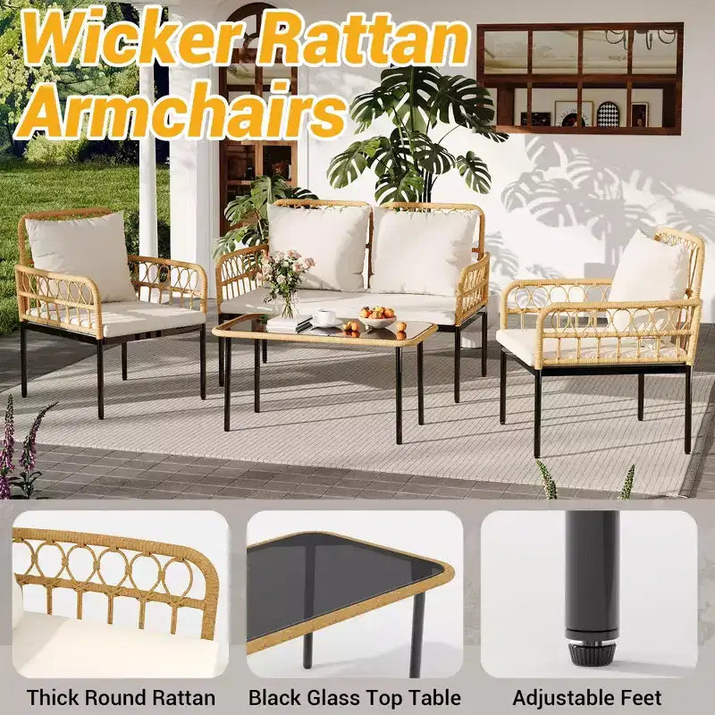 Set da bistrò da patio in vimini da 4 pezzi con tavolino con piano in vetro e sedie moderne in rattan, per appartamento, cortile, portico, balcone, prato