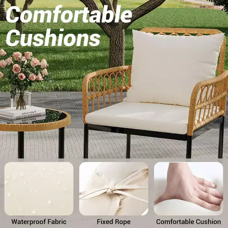 Set da bistrò da patio in vimini da 4 pezzi con tavolino con piano in vetro e sedie moderne in rattan, per appartamento, cortile, portico, balcone, prato