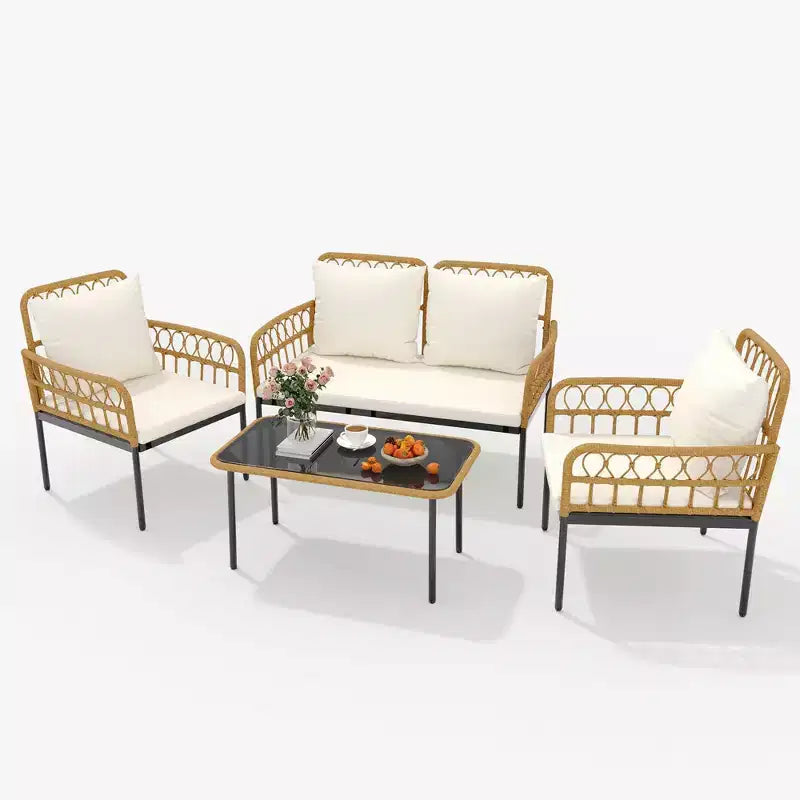 Set da bistrò da patio in vimini da 4 pezzi con tavolino con piano in vetro e sedie moderne in rattan, per appartamento, cortile, portico, balcone, prato