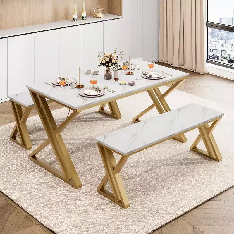 Space-Saving Retro Style Kitchen Dining Table Set for 4 with 2 Benches  Sturdy X-Shaped Metal Frame, Perfect for Small Kitchen & Apartment