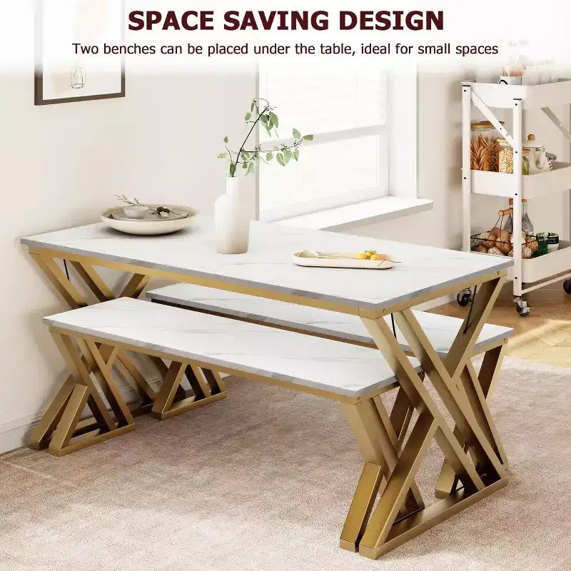 Set tavolo da pranzo per cucina salvaspazio in stile retrò per 4 persone con 2 panche, robusto telaio in metallo a forma di X, perfetto per cucine e appartamenti piccoli