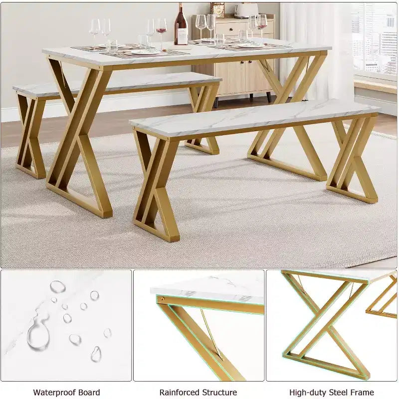 Set tavolo da pranzo per cucina salvaspazio in stile retrò per 4 persone con 2 panche, robusto telaio in metallo a forma di X, perfetto per cucine e appartamenti piccoli