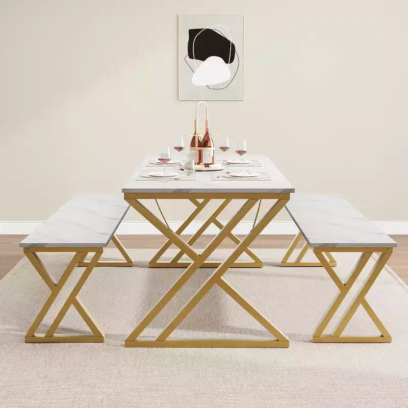 Set tavolo da pranzo per cucina salvaspazio in stile retrò per 4 persone con 2 panche, robusto telaio in metallo a forma di X, perfetto per cucine e appartamenti piccoli