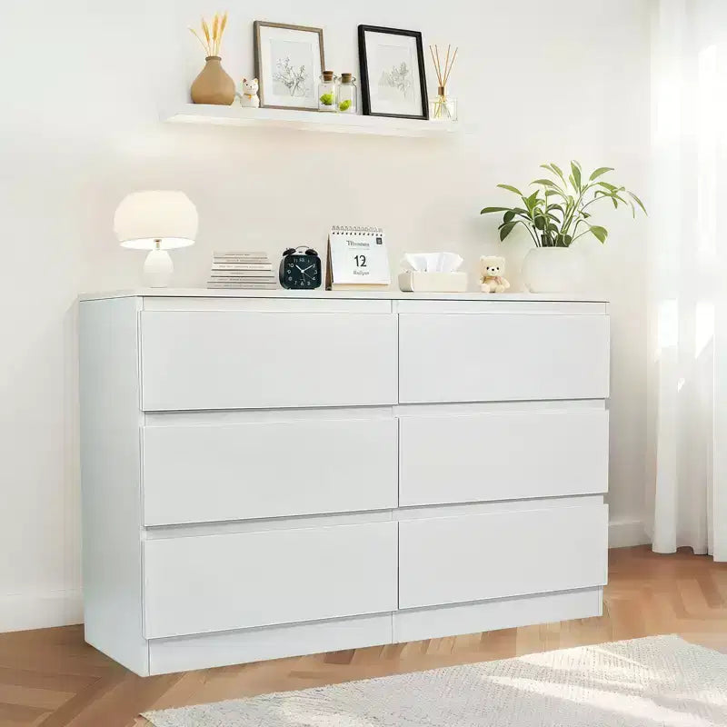 Comò nero a 6 cassetti, mobile vanity moderno per camera da letto, con armadietto in legno, maniglie a scomparsa e 6 cassetti profondi