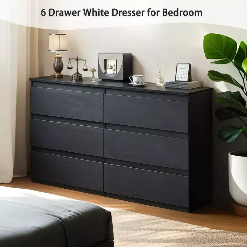 Comò nero a 6 cassetti, mobile vanity moderno per camera da letto, con armadietto in legno, maniglie a scomparsa e 6 cassetti profondi