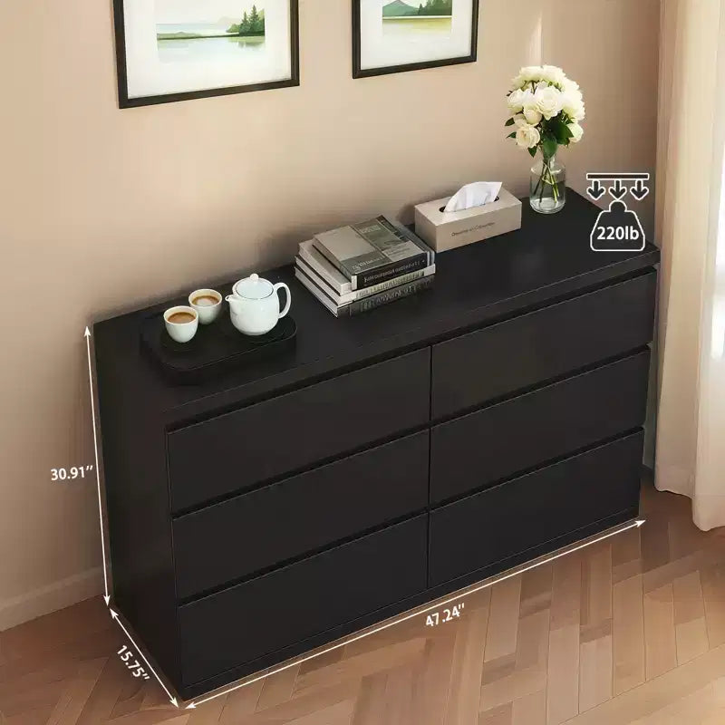 Comò nero a 6 cassetti, mobile vanity moderno per camera da letto, con armadietto in legno, maniglie a scomparsa e 6 cassetti profondi