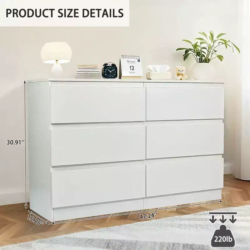 Comò nero a 6 cassetti, mobile vanity moderno per camera da letto, con armadietto in legno, maniglie a scomparsa e 6 cassetti profondi