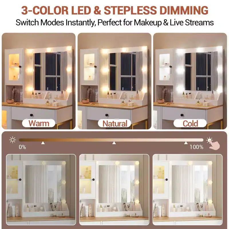 Toletta Acekool con Specchio e Luci, Tavolo da Trucco con Stazione di Ricarica, Illuminazione RGB e a 3 Colori, 2 Armadietti, 2 Scaffali Aperti, per Camera da Letto.
