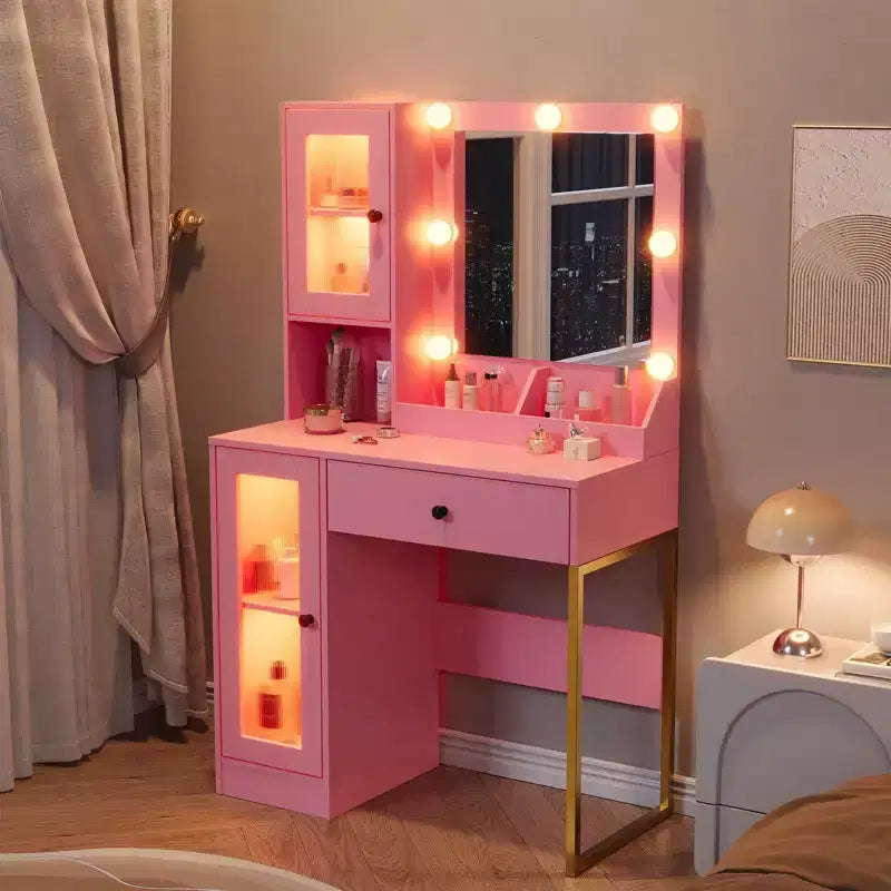 Toletta Acekool con Specchio e Luci, Tavolo da Trucco con Stazione di Ricarica, Illuminazione RGB e a 3 Colori, 2 Armadietti, 2 Scaffali Aperti, per Camera da Letto.