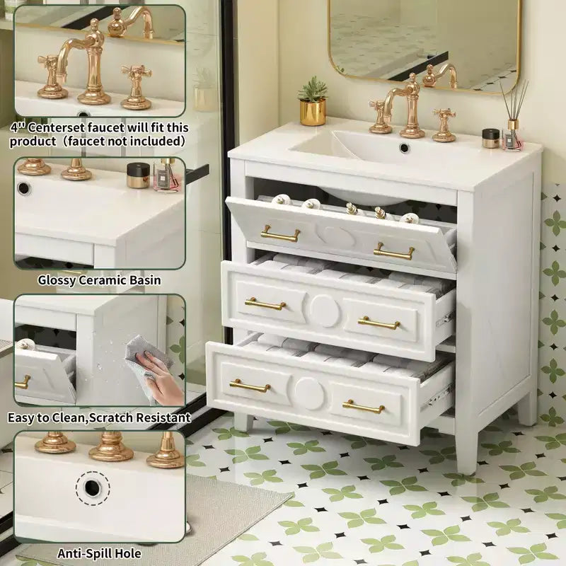 Mobile bagno con lavabo in ceramica, set mobile bagno da terra con 3 cassetti, mobile contenitore da bagno con struttura in legno massello