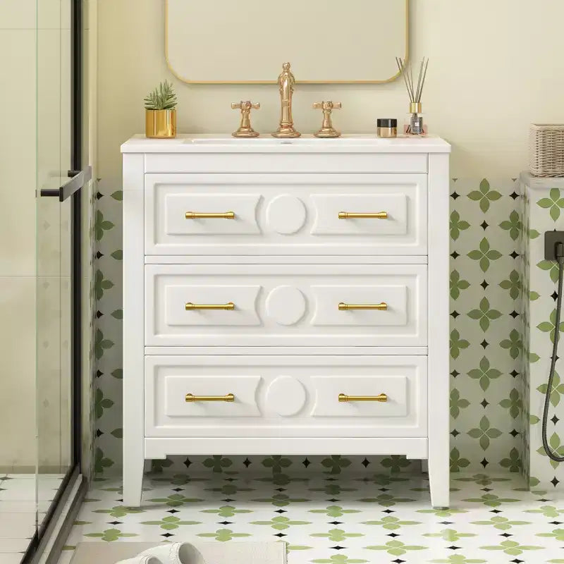 Mobile bagno con lavabo in ceramica, set mobile bagno da terra con 3 cassetti, mobile contenitore da bagno con struttura in legno massello