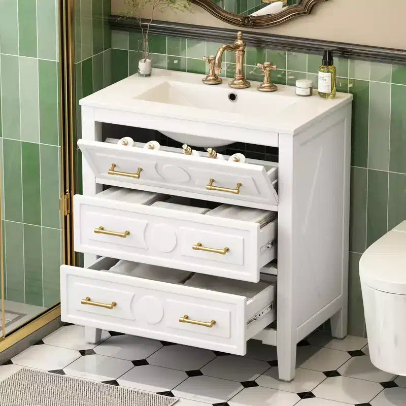 Mobile bagno con lavabo in ceramica, set mobile bagno da terra con 3 cassetti, mobile contenitore da bagno con struttura in legno massello