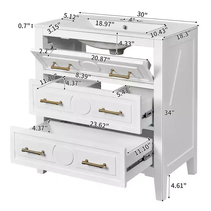Mobile bagno con lavabo in ceramica, set mobile bagno da terra con 3 cassetti, mobile contenitore da bagno con struttura in legno massello