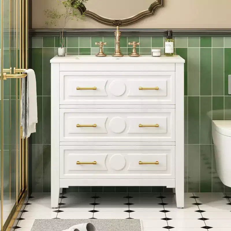 Mobile bagno con lavabo in ceramica, set mobile bagno da terra con 3 cassetti, mobile contenitore da bagno con struttura in legno massello