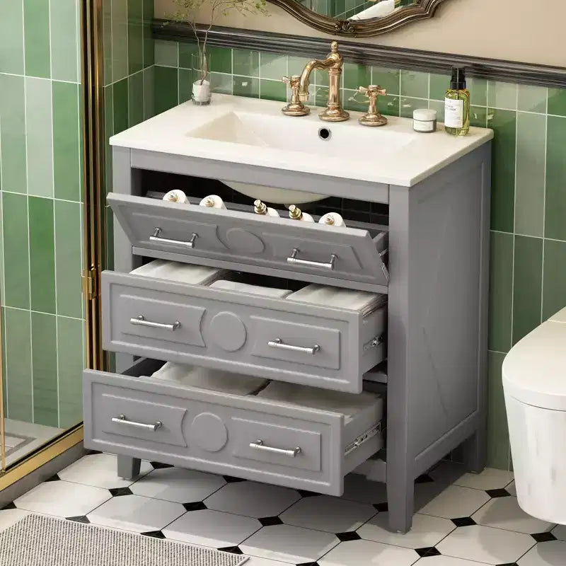 Mobile bagno con lavabo in ceramica, set mobile bagno da terra con 3 cassetti, mobile contenitore da bagno con struttura in legno massello
