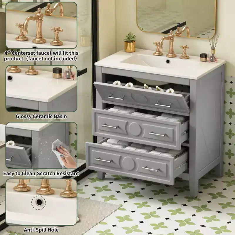 Mobile bagno con lavabo in ceramica, set mobile bagno da terra con 3 cassetti, mobile contenitore da bagno con struttura in legno massello