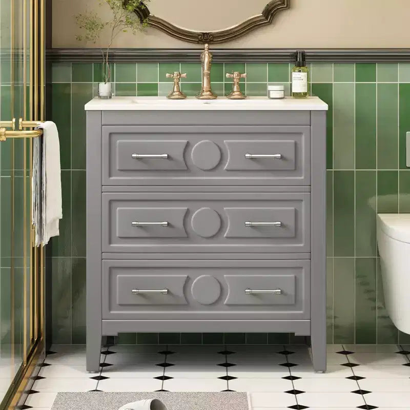Mobile bagno con lavabo in ceramica, set mobile bagno da terra con 3 cassetti, mobile contenitore da bagno con struttura in legno massello