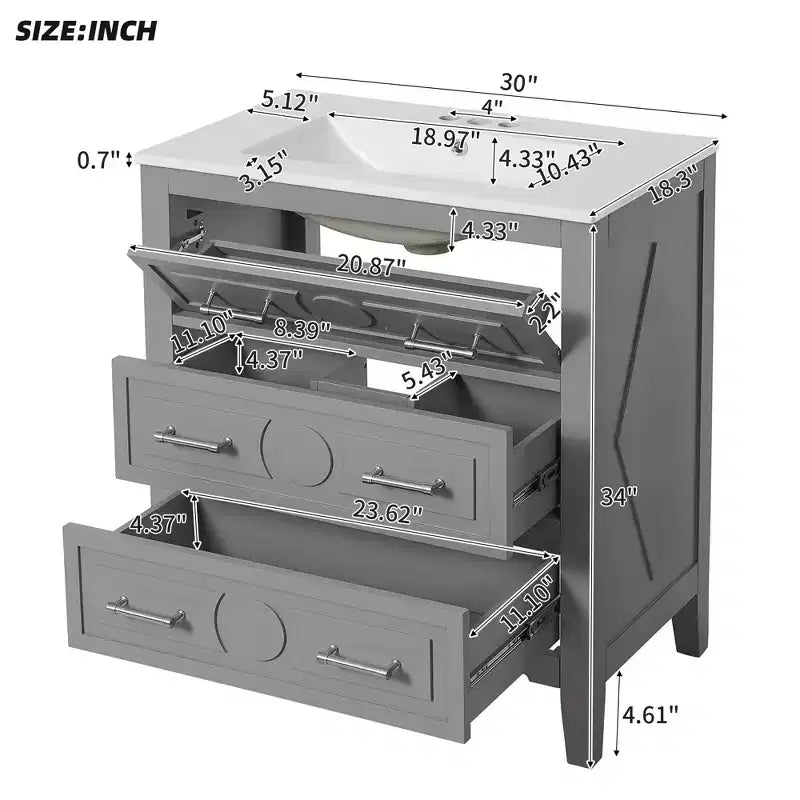 Mobile bagno con lavabo in ceramica, set mobile bagno da terra con 3 cassetti, mobile contenitore da bagno con struttura in legno massello