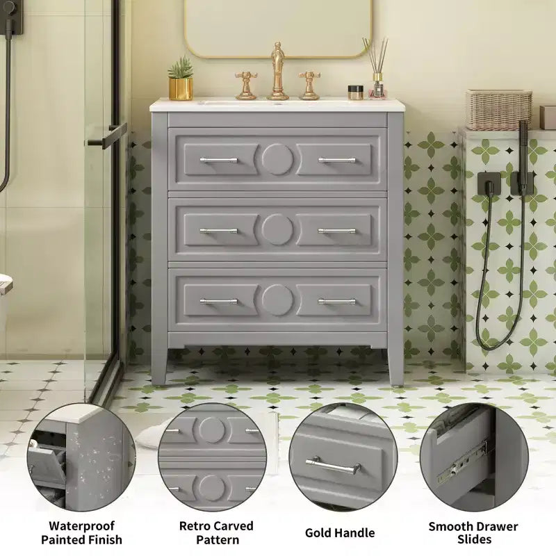 Mobile bagno con lavabo in ceramica, set mobile bagno da terra con 3 cassetti, mobile contenitore da bagno con struttura in legno massello