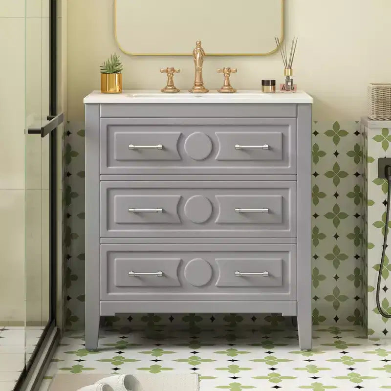 Mobile bagno con lavabo in ceramica, set mobile bagno da terra con 3 cassetti, mobile contenitore da bagno con struttura in legno massello