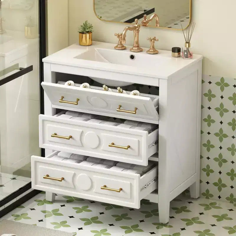 Mobile bagno con lavabo in ceramica, set mobile bagno da terra con 3 cassetti, mobile contenitore da bagno con struttura in legno massello