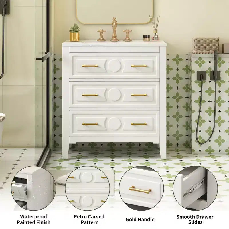 Mobile bagno con lavabo in ceramica, set mobile bagno da terra con 3 cassetti, mobile contenitore da bagno con struttura in legno massello