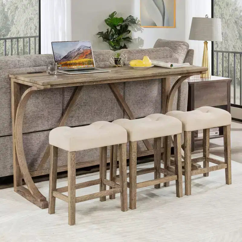 JVNOXK4-Piece Bar Table Set with Power Outlet, Dining Bar Table and Chairs Set,Bar Table Set with 3 Padded Stools for Living Room, Brown