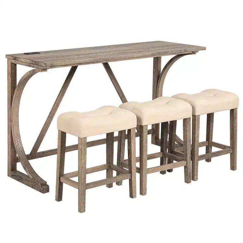 JVNOXK4-Piece Bar Table Set with Power Outlet, Set tavolo e sedie da bar, Set tavolo da bar con 3 sgabelli imbottiti per soggiorno, Marrone