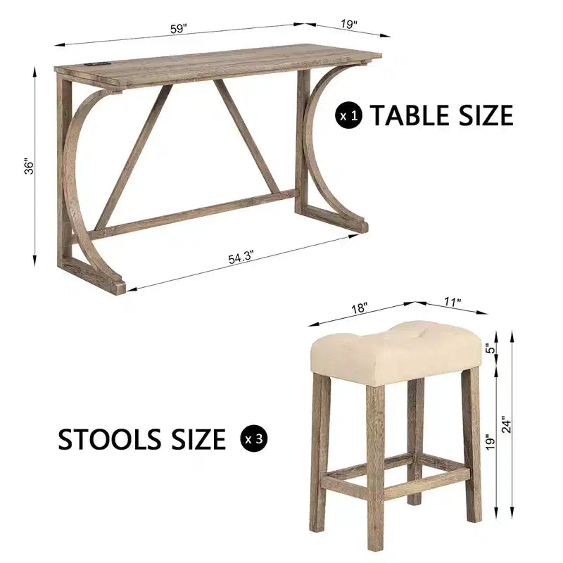 JVNOXK4-Piece Bar Table Set with Power Outlet, Set tavolo e sedie da bar, Set tavolo da bar con 3 sgabelli imbottiti per soggiorno, Marrone