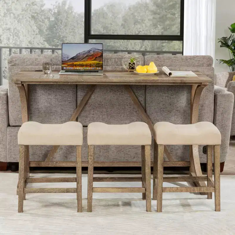 JVNOXK4-Piece Bar Table Set with Power Outlet, Set tavolo e sedie da bar, Set tavolo da bar con 3 sgabelli imbottiti per soggiorno, Marrone