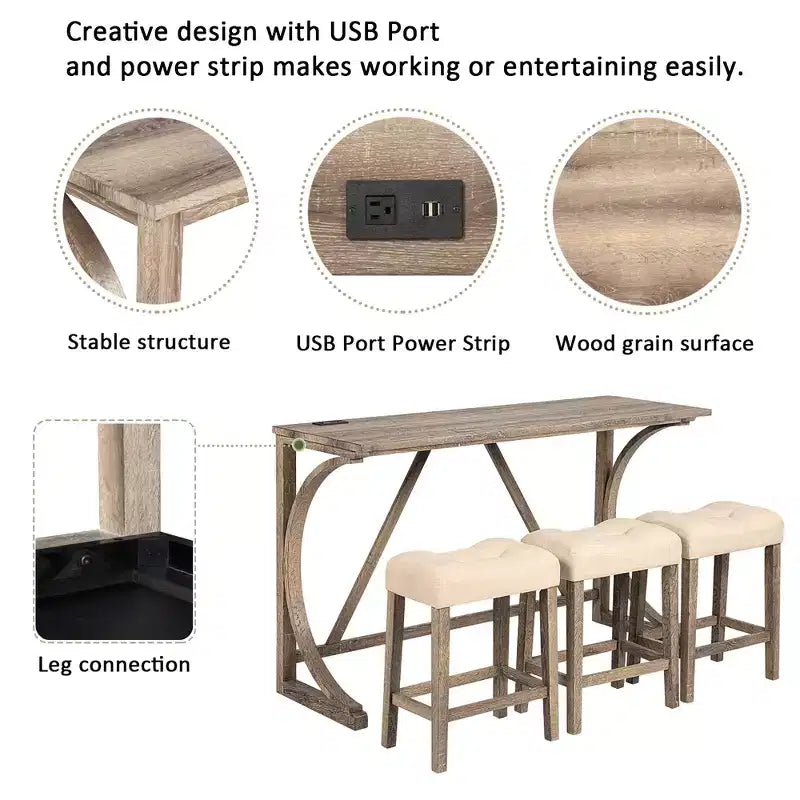 JVNOXK4-Piece Bar Table Set with Power Outlet, Set tavolo e sedie da bar, Set tavolo da bar con 3 sgabelli imbottiti per soggiorno, Marrone