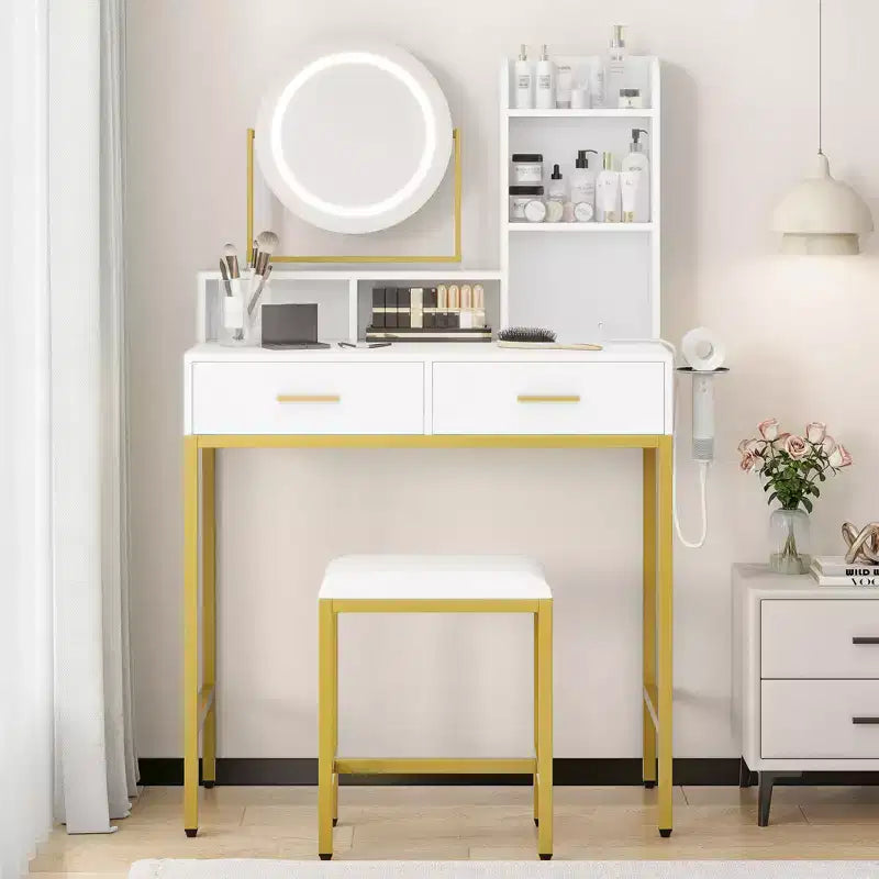 Moderna Toeletta Trucco con Specchio Girevole Regolabile - Luci, Presa di Corrente - 2 Cassetti, Ripiani Portaoggetti e Sgabello - Tavolo da Trucco per Camera da Letto