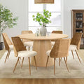 7-Piece Round Dining Table Set for 6 Oak Wood Dining Table and Boucle Rattan Dining Chairs for Kitchen Dining Room Farmhouse-Panipeachy
