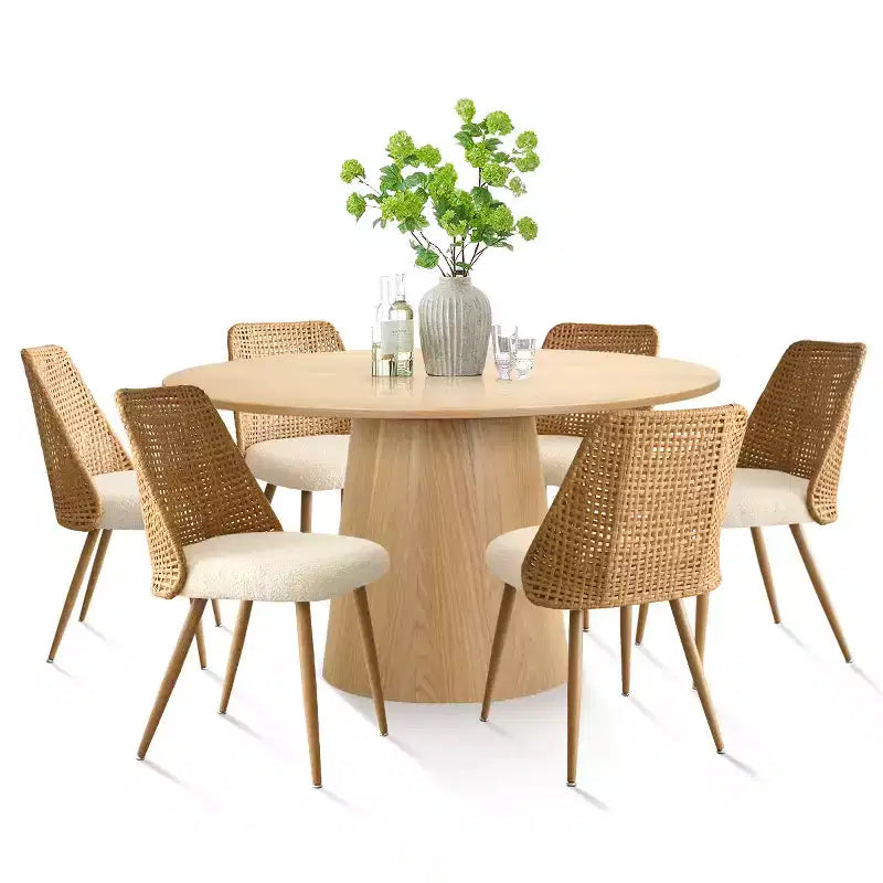Set da pranzo rotondo da 7 pezzi per 6 persone con tavolo da pranzo in legno di quercia e sedie da pranzo in rattan bouclé per cucina, sala da pranzo, stile rustico - Panipeachy