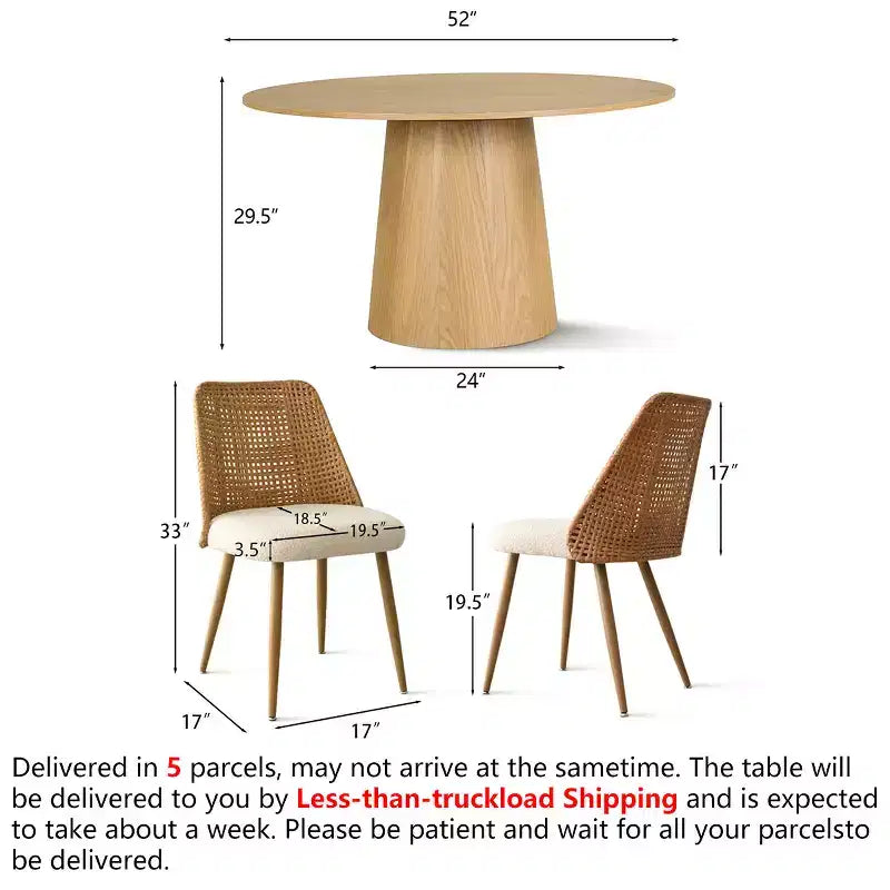Set da pranzo rotondo da 7 pezzi per 6 persone con tavolo da pranzo in legno di quercia e sedie da pranzo in rattan bouclé per cucina, sala da pranzo, stile rustico - Panipeachy