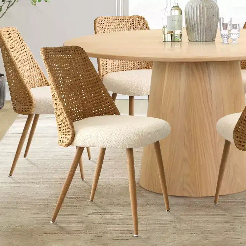 Set da pranzo rotondo da 7 pezzi per 6 persone con tavolo da pranzo in legno di quercia e sedie da pranzo in rattan bouclé per cucina, sala da pranzo, stile rustico - Panipeachy