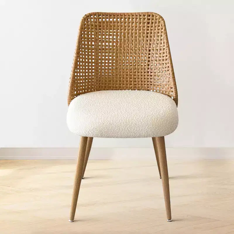 Set da pranzo rotondo da 7 pezzi per 6 persone con tavolo da pranzo in legno di quercia e sedie da pranzo in rattan bouclé per cucina, sala da pranzo, stile rustico - Panipeachy