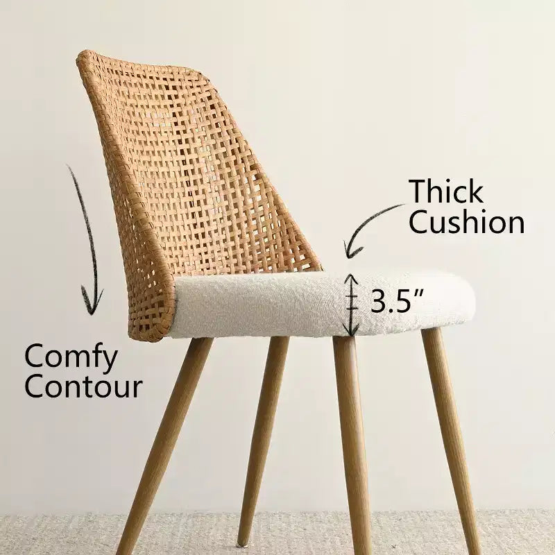 Set da pranzo rotondo da 7 pezzi per 6 persone con tavolo da pranzo in legno di quercia e sedie da pranzo in rattan bouclé per cucina, sala da pranzo, stile rustico - Panipeachy