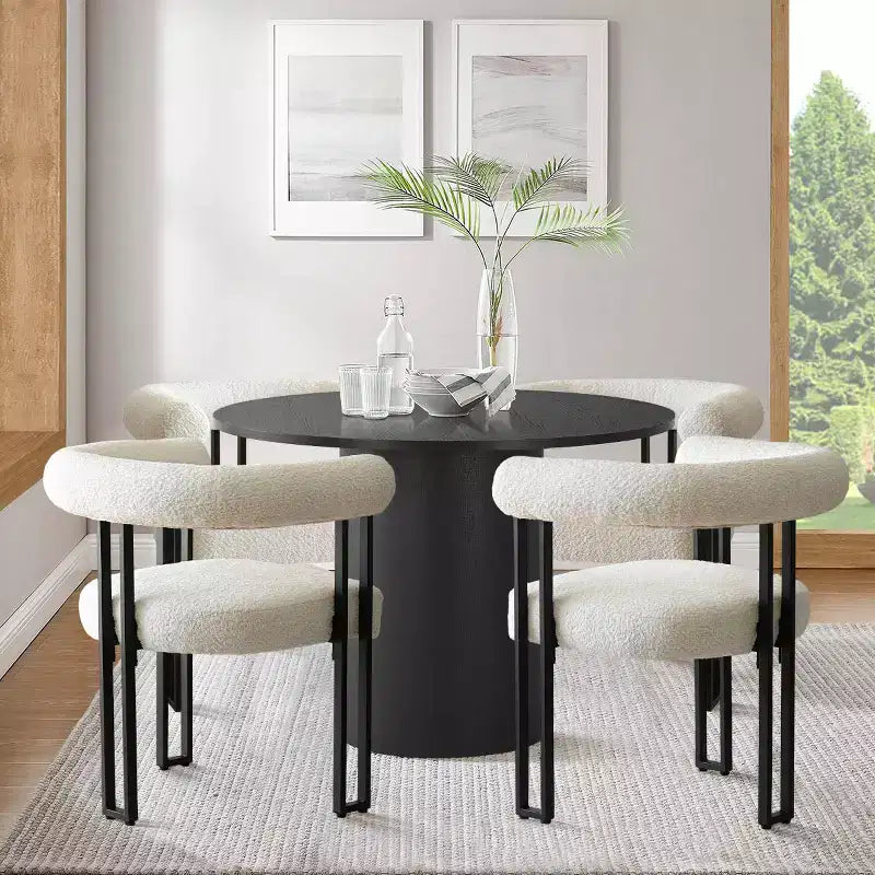 Modern 5-Piece Round Black Dining Table Set, Pedestal Table with 4 Boucle Upholstered Dining Chairs for Kitchen or Apartment-Panipeachy