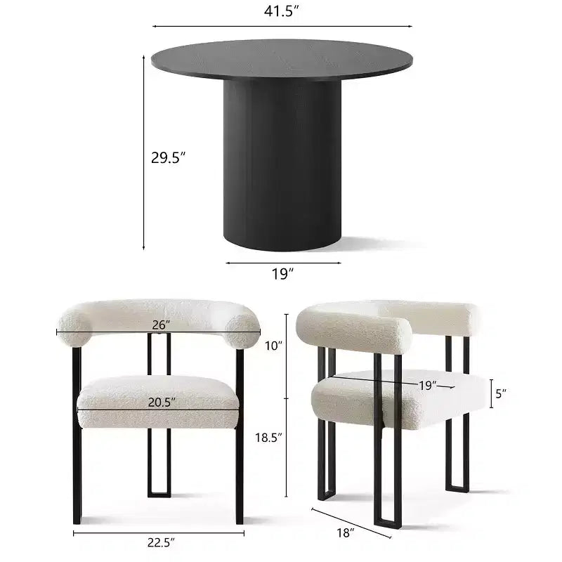 Set da pranzo moderno rotondo nero da 5 pezzi, tavolo con piedistallo e 4 sedie da pranzo imbottite in bouclé per cucina o appartamento - Panipeachy