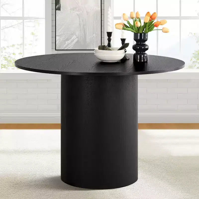 Set da pranzo moderno rotondo nero da 5 pezzi, tavolo con piedistallo e 4 sedie da pranzo imbottite in bouclé per cucina o appartamento - Panipeachy