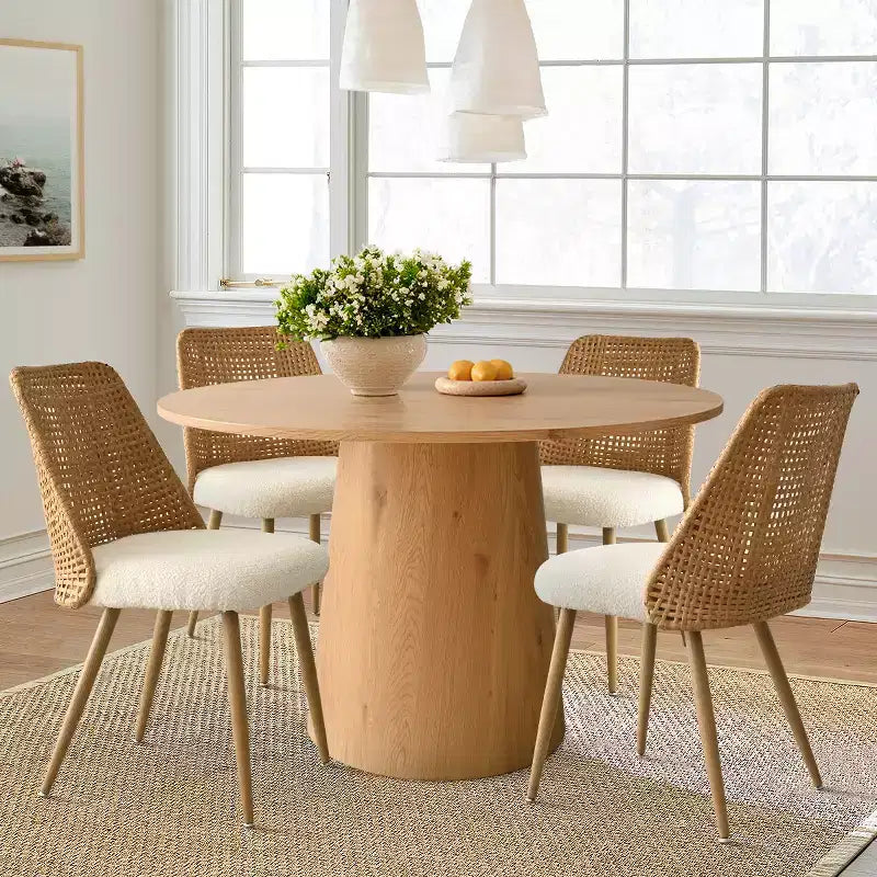 5-Piece Round Dining Table Set, 46 Pedestal Table with 4 Rattan Back Boucle Upholstered Chairs, Coastal Farmhouse Dining Room Set-Panipeachy