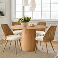 5-Piece Round Dining Table Set, 46 Pedestal Table with 4 Rattan Back Boucle Upholstered Chairs, Coastal Farmhouse Dining Room Set-Panipeachy