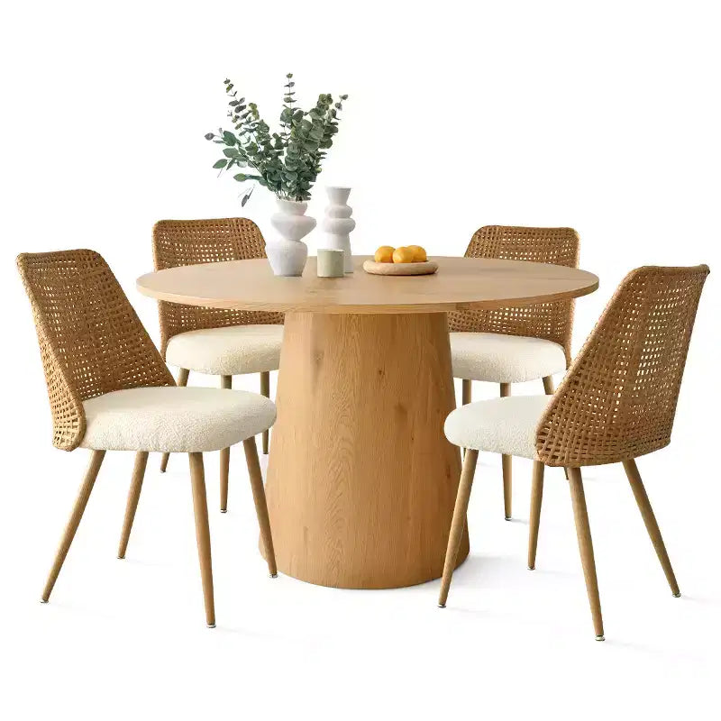 Set da pranzo rotondo da 5 pezzi, tavolo con base a piedistallo da 46" con 4 sedie imbottite in boucle con schienale in rattan, set da pranzo costiero rustico-Panipeachy