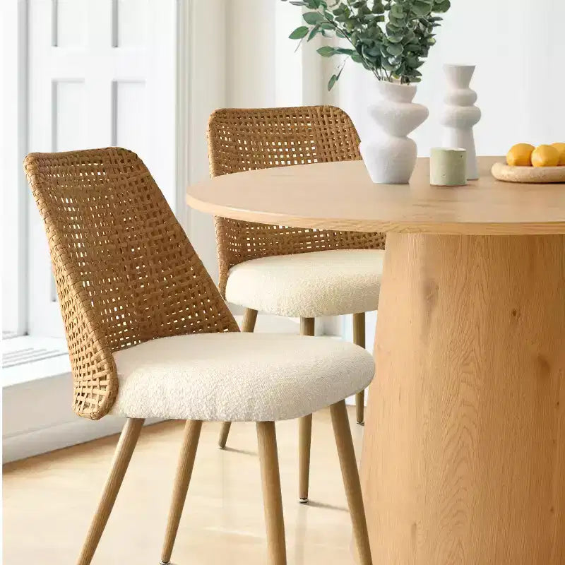 Set da pranzo rotondo da 5 pezzi, tavolo con base a piedistallo da 46" con 4 sedie imbottite in boucle con schienale in rattan, set da pranzo costiero rustico-Panipeachy